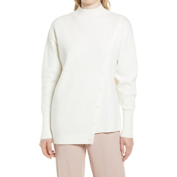 𝅺halogen BNWT sz Large womens Ivory ribbed sweater NEW mock neck button detail - Picture 1 of 9